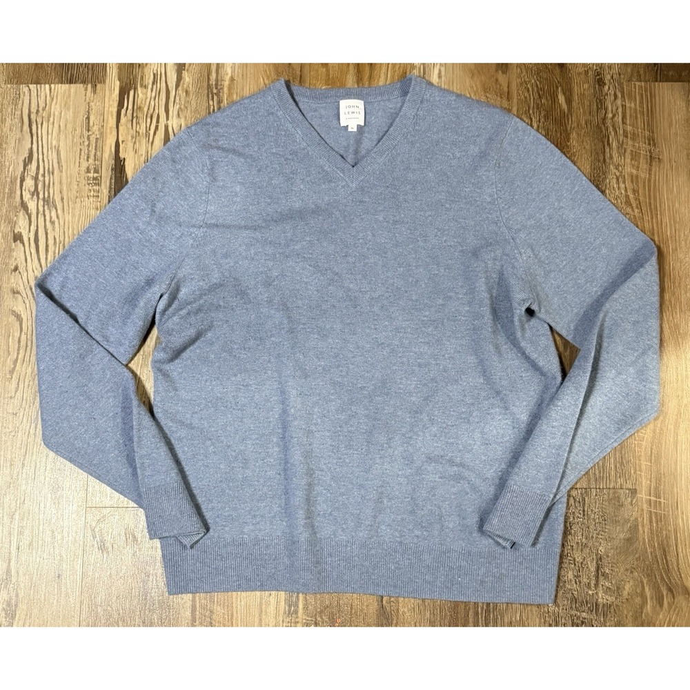 John Lewis Men's XL 100% Cashmere Jumper Sweater Luxury Knit Blue V Neck